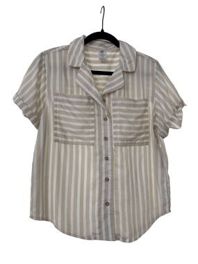 Striped Short-Sleeve Button-Up Top in Beige and White
